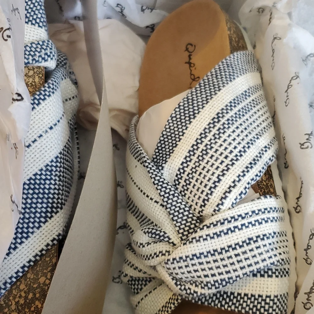 Qupid navy and white striped fabric Luka slides size 6